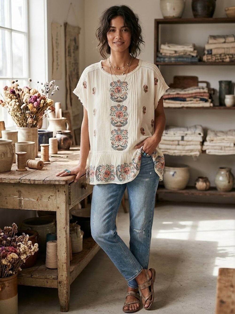 Sundance Eleni Embroidered Modal Peplum Top XL Cream Floral Pintuck Fringe